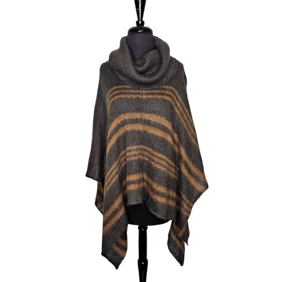 WOODEN SHIPS Cowl Neck Poncho Cape Mohair Wool Blend Gray Brown Stripe S/M - Picture 1 of 7